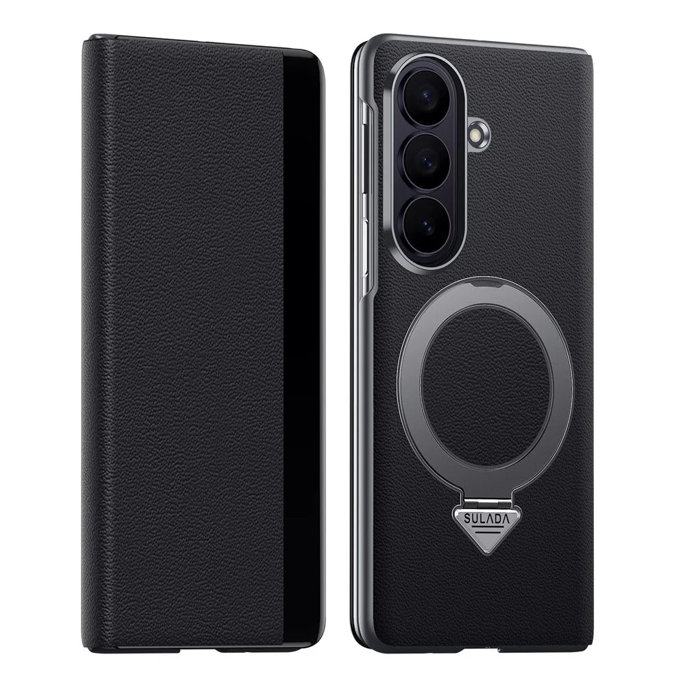 SULADA for Samsung Galaxy Z Fold8 Ultra Magnetic Case Kickstand Genuine Cow Leather Phone Cover with Card Slot - Black - 2