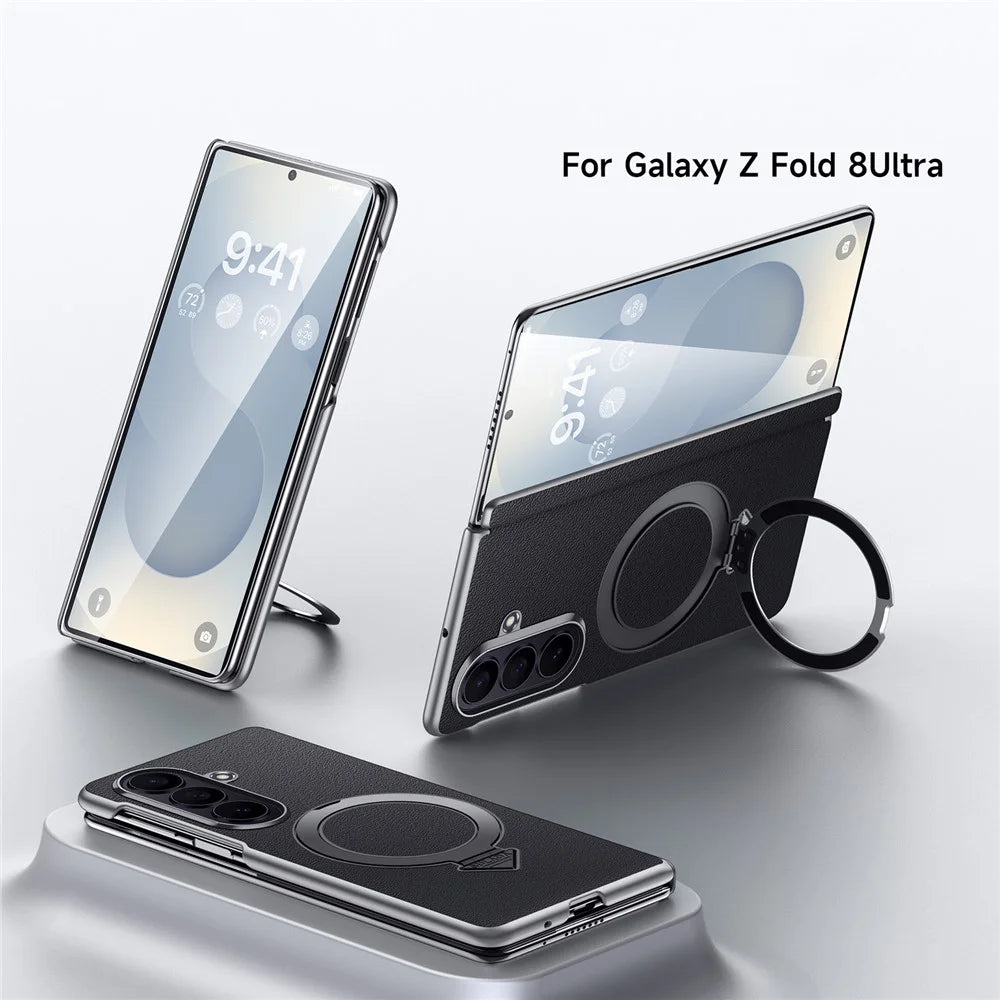 For Samsung Galaxy Z Fold8 Ultra Magnetic Case Genuine Cow Leather + PC Kickstand Phone Cover - Black - 3