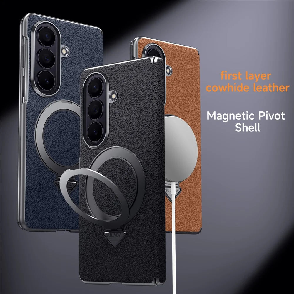 For Samsung Galaxy Z Fold8 Ultra Magnetic Case Genuine Cow Leather + PC Kickstand Phone Cover - Black - 4