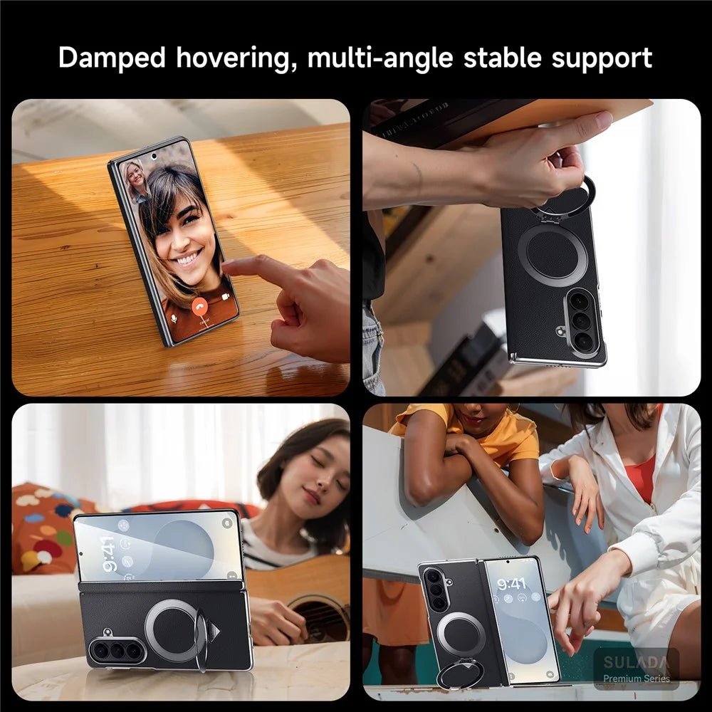For Samsung Galaxy Z Fold8 Ultra Magnetic Case Genuine Cow Leather + PC Kickstand Phone Cover - Black - 5