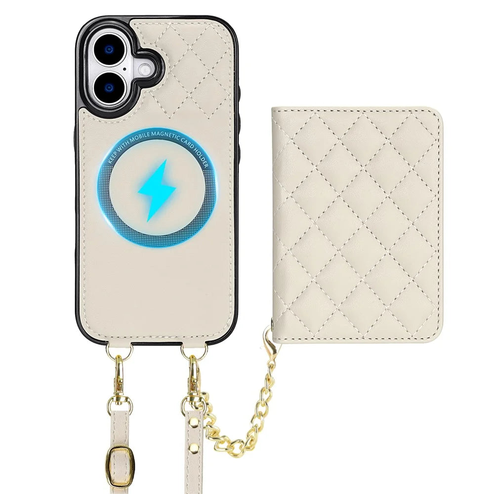 For iPhone 17 Magnetic Case Detachable Card Holder Kickstand PU Leather Phone Back Cover with Wrist Strap + Long Strap - White - 2
