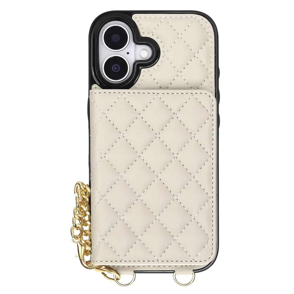 For iPhone 17 Magnetic Case Detachable Card Holder Kickstand PU Leather Phone Back Cover with Wrist Strap + Long Strap - White - 6