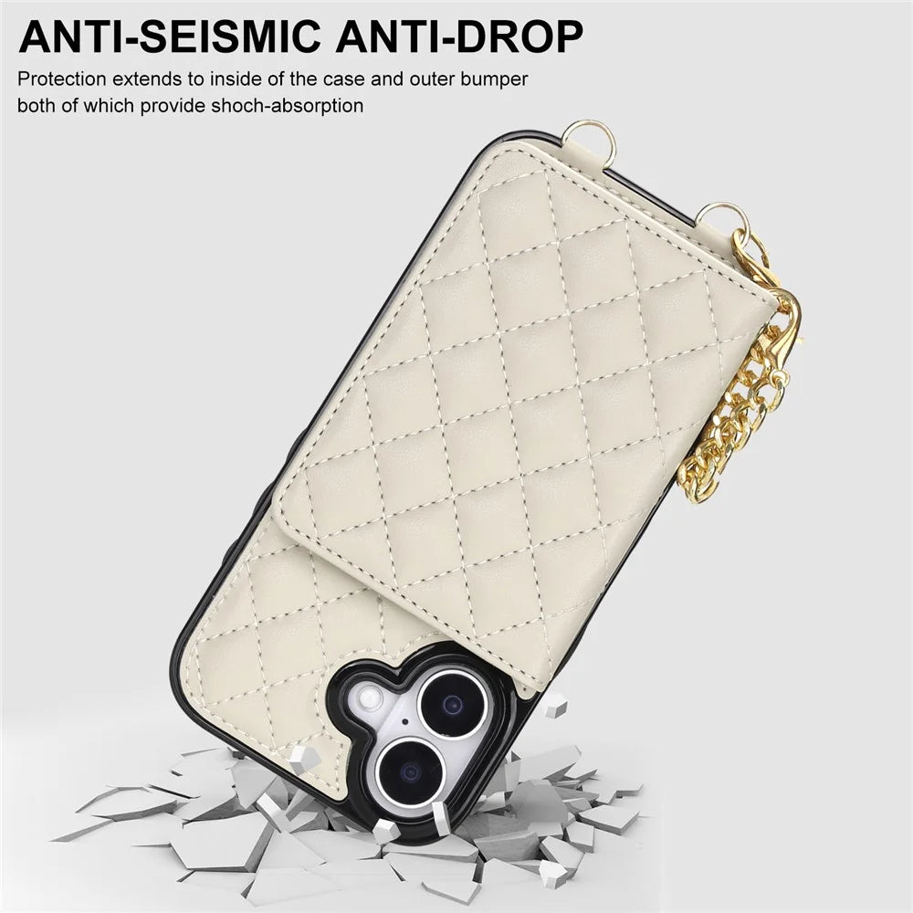 For iPhone 17 Magnetic Case Detachable Card Holder Kickstand PU Leather Phone Back Cover with Wrist Strap + Long Strap - White - 7
