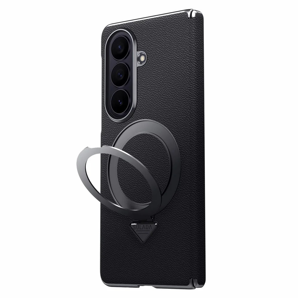 For Samsung Galaxy Z Fold7 5G Magnetic Case Genuine Cow Leather + PC Kickstand Phone Cover - Black - 2