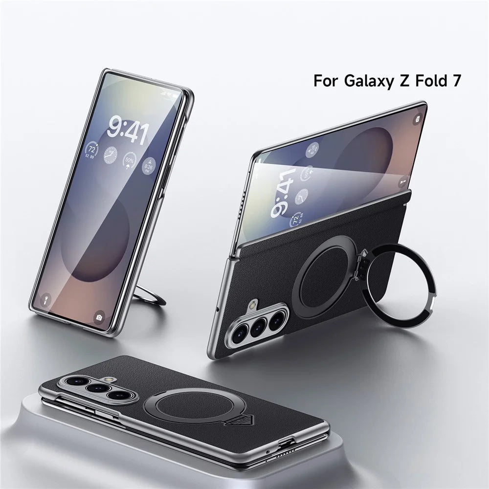 For Samsung Galaxy Z Fold7 5G Magnetic Case Genuine Cow Leather + PC Kickstand Phone Cover - Black - 3