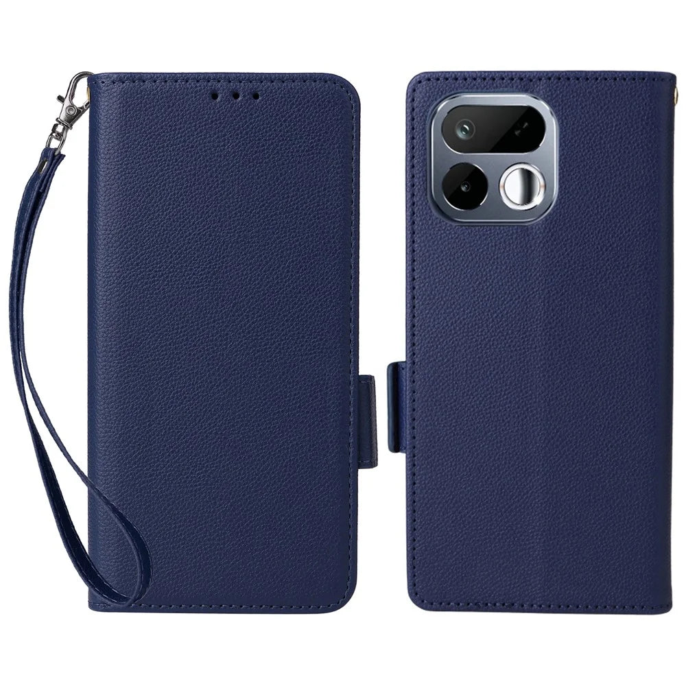 For Realme 16T 5G Case Litchi Texture Wallet Leather Phone Cover with Wrist Strap - Dark Blue - 1