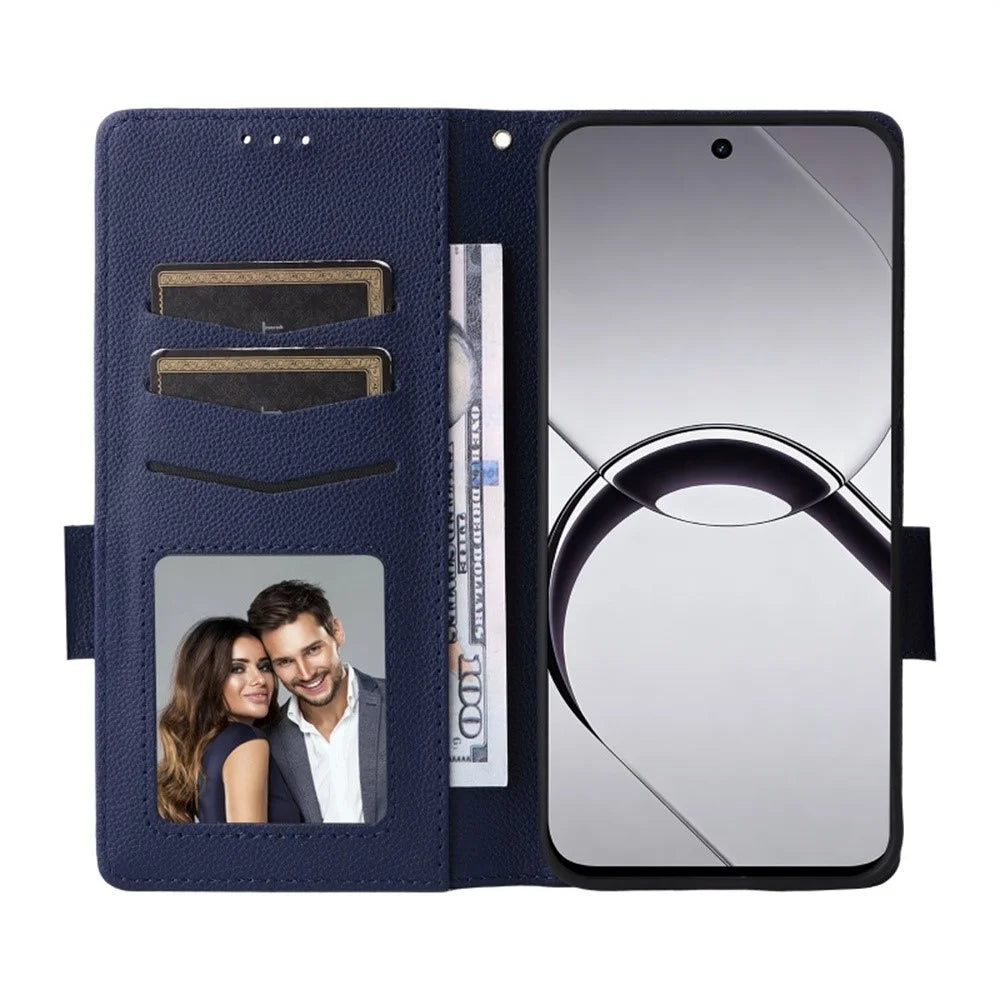 For Realme 16T 5G Case Litchi Texture Wallet Leather Phone Cover with Wrist Strap - Dark Blue - 2