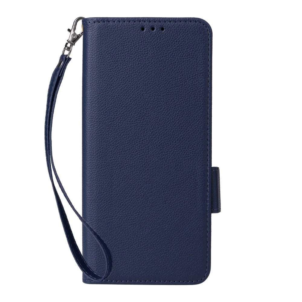 For Realme 16T 5G Case Litchi Texture Wallet Leather Phone Cover with Wrist Strap - Dark Blue - 7