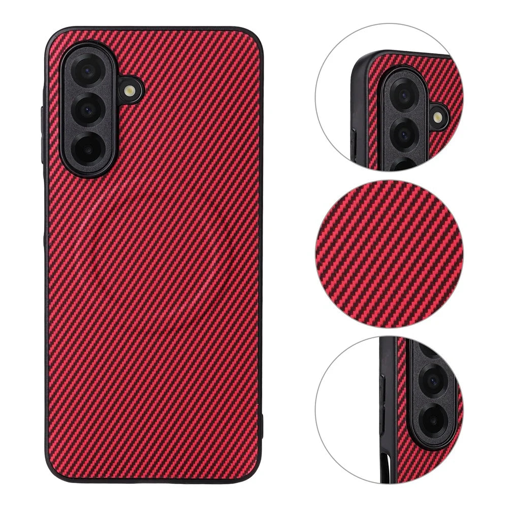 For Samsung Galaxy A26 5G Case Carbon Fiber Texture Leather Coated TPU PC Phone Cover with Metal Ring for Magnetic Car Mount - Red - 3