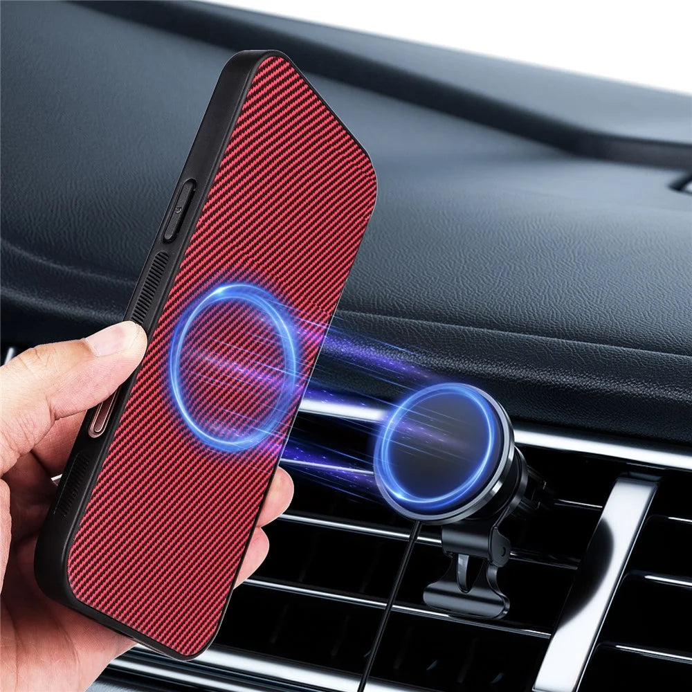 For Samsung Galaxy A26 5G Case Carbon Fiber Texture Leather Coated TPU PC Phone Cover with Metal Ring for Magnetic Car Mount - Red - 4