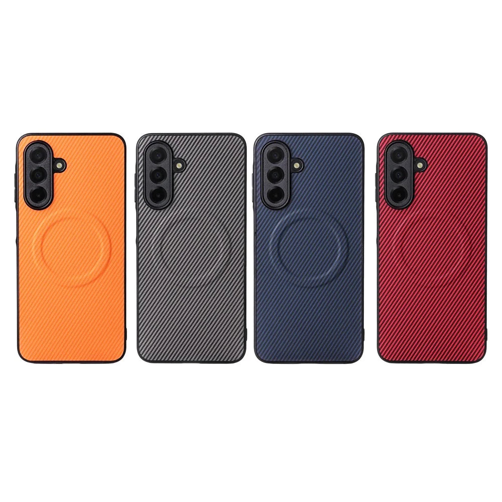 For Samsung Galaxy A26 5G Case Carbon Fiber Texture Leather Coated TPU PC Phone Cover with Metal Ring for Magnetic Car Mount - Red - 7