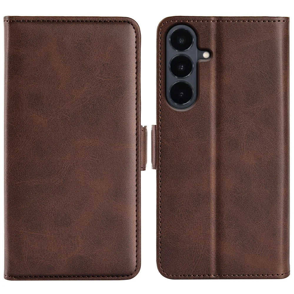 For Samsung Galaxy S26 FE Case Calf Texture Leather Wallet Phone Cover - Brown - 1