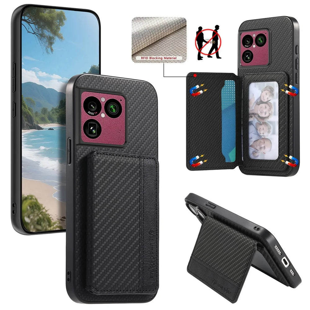 For Sony Xperia 1 VIII Case RFID Blocking Carbon Fiber Leather Phone Back Cover with Card Holder - Black - 1