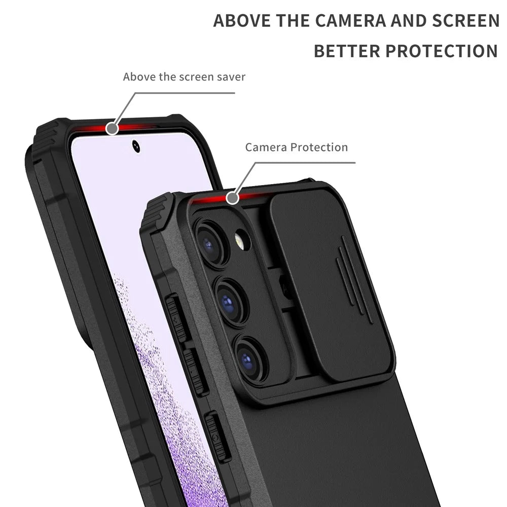 For Samsung Galaxy S23+ Kickstand PC + TPU Phone Case Slide Camera Protector Shockproof Cover - Black - 4