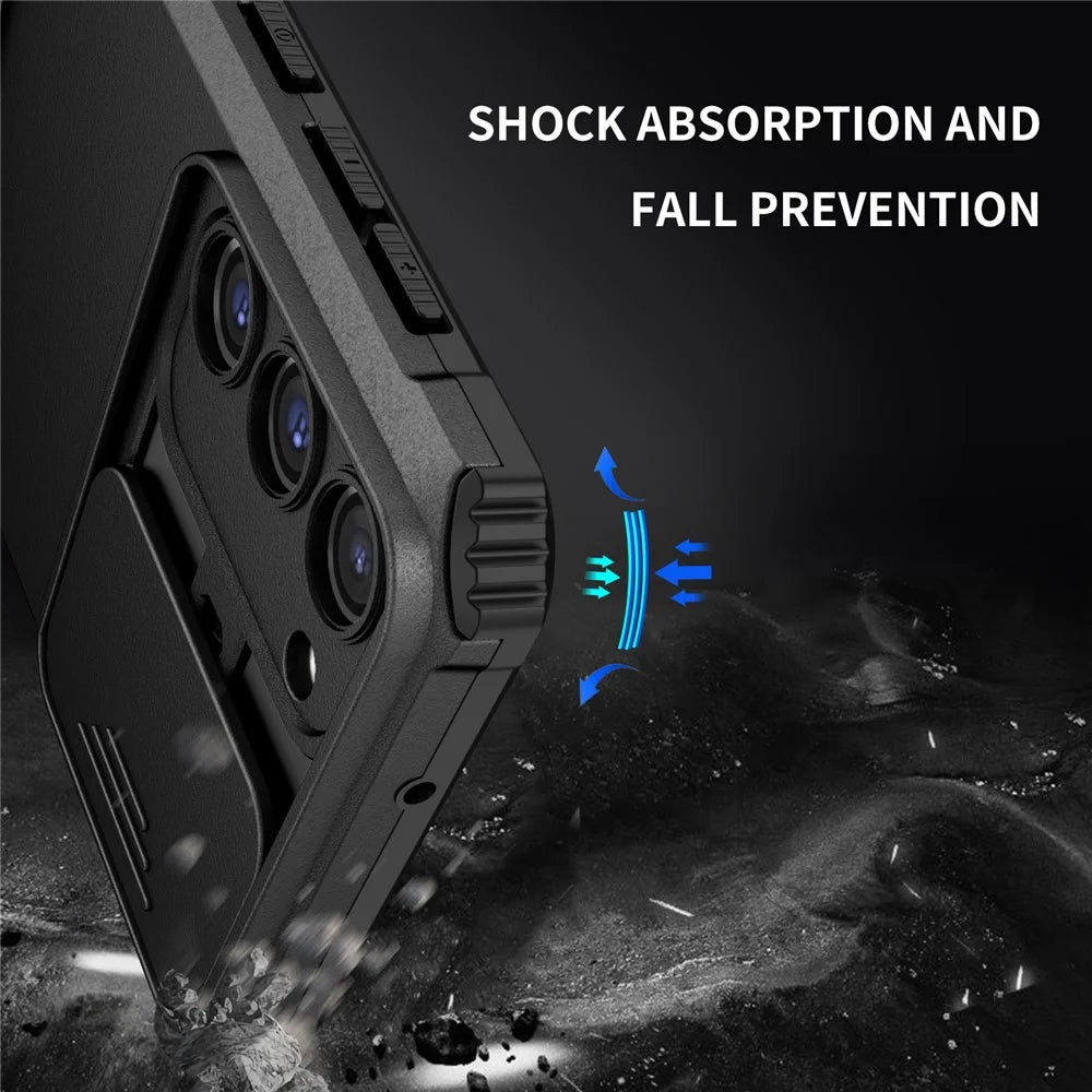For Samsung Galaxy S23+ Kickstand PC + TPU Phone Case Slide Camera Protector Shockproof Cover - Black - 5