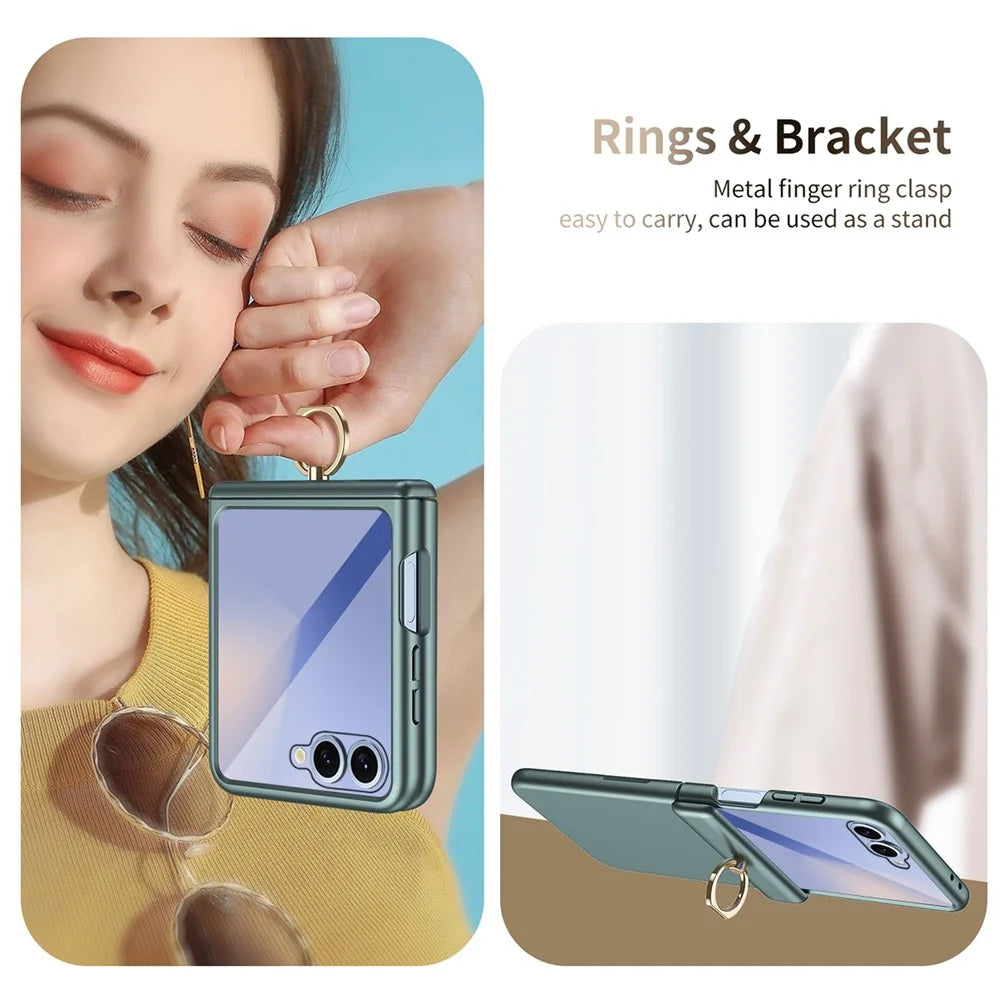 For Samsung Galaxy Z Flip8 Case with Tempered Glass Film Ring Holder Kickstand PC Phone Cover - Green - 3
