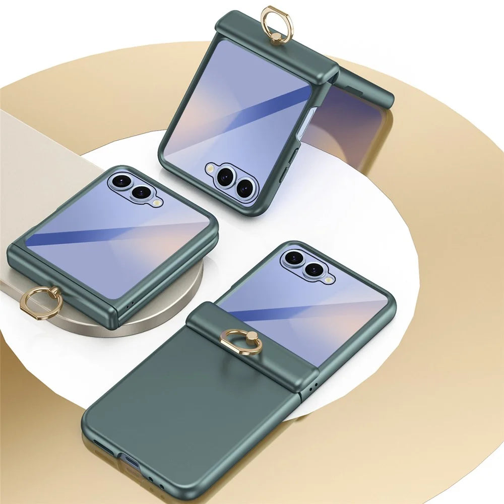 For Samsung Galaxy Z Flip8 Case with Tempered Glass Film Ring Holder Kickstand PC Phone Cover - Green - 6