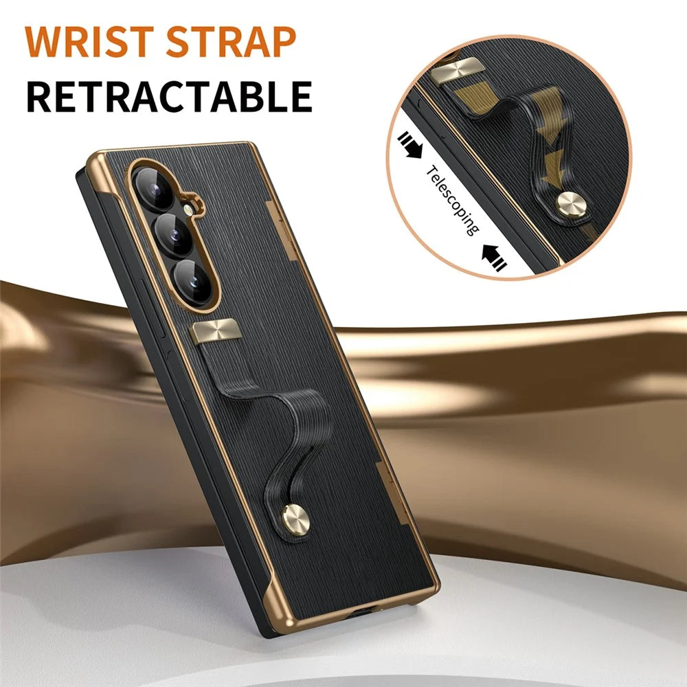 For Samsung Galaxy Z Fold8 Ultra Case Retractable Wrist Strap Kickstand Leather PC Case with Hinge Protection / Tempered Glass Flim - Black - 2