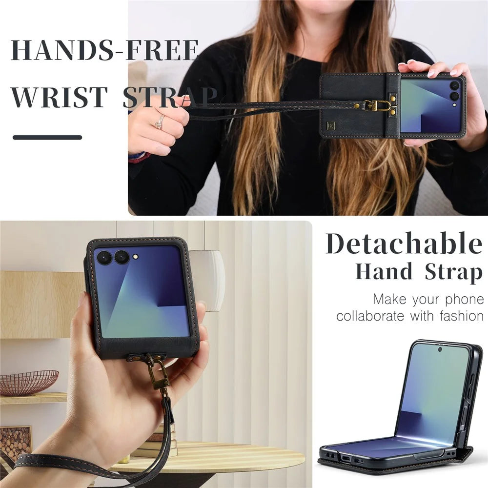 AUTSPACE A01 For Samsung Galaxy Z Flip8 Case Matte PU Leather + PC Folding Phone Cover with Hand Strap - Black - 4