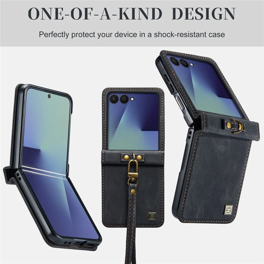 AUTSPACE A01 For Samsung Galaxy Z Flip8 Case Matte PU Leather + PC Folding Phone Cover with Hand Strap - Black - 5