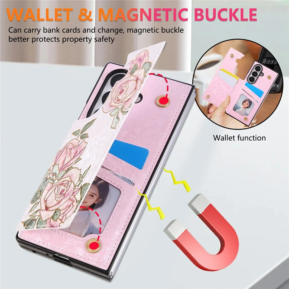 For Samsung Galaxy Z Fold8 Ultra Case Flower Leather TPU RFID Blocking Phone Cover Card Slots - Rose Flower - 4