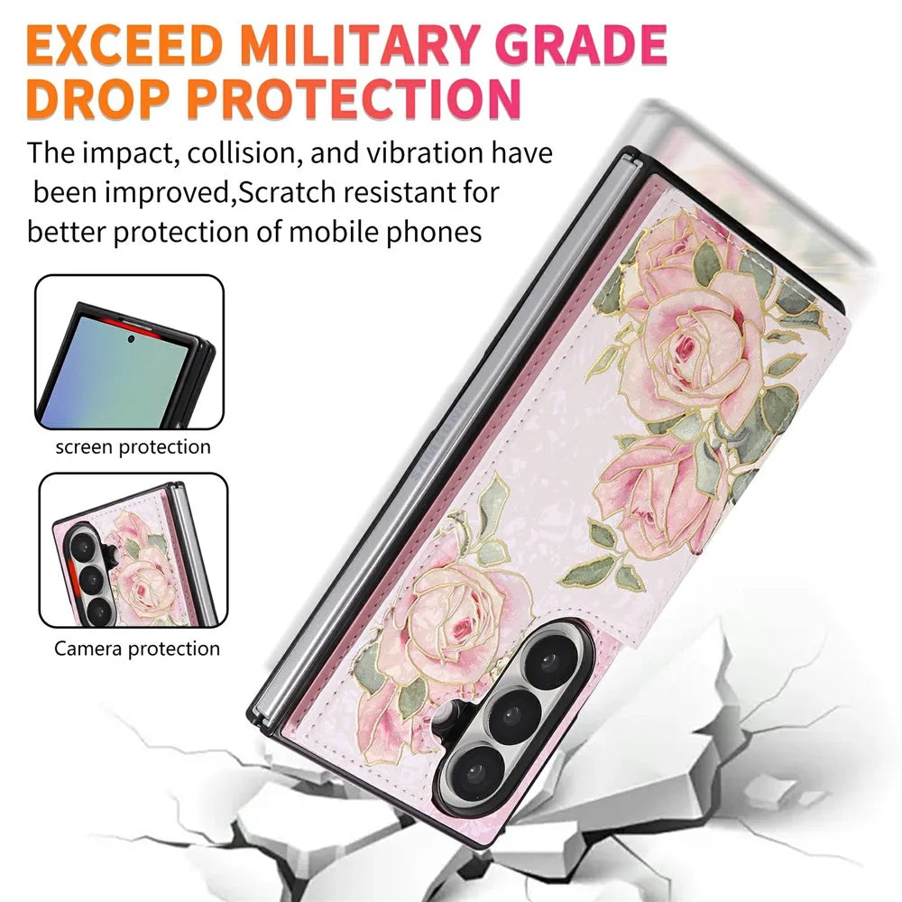 For Samsung Galaxy Z Fold8 Ultra Case Flower Leather TPU RFID Blocking Phone Cover Card Slots - Rose Flower - 7