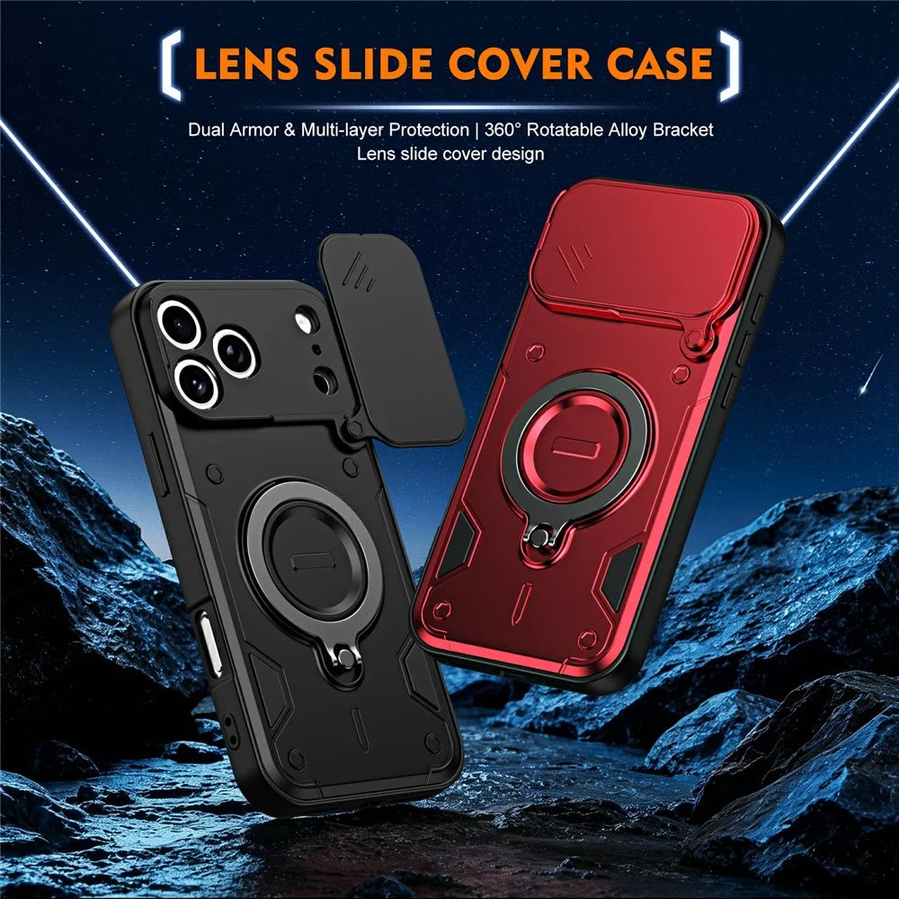 For iPhone 17 Pro Max Case with Slide Lens Cover Rotatable Kickstand Shockproof TPU + PC Phone Shell - Black - 2