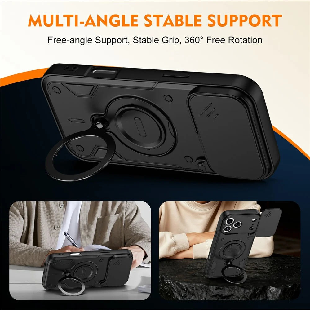 For iPhone 17 Pro Max Case with Slide Lens Cover Rotatable Kickstand Shockproof TPU + PC Phone Shell - Black - 4