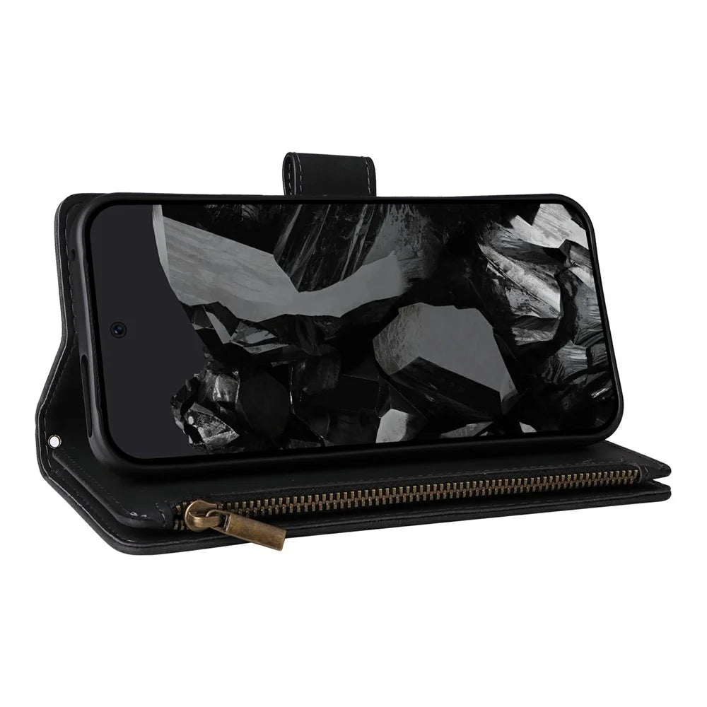 For Google Pixel 11 Pro XL Case Zipper Wallet Multiple Card Slots Leather Phone Cover with Wrist Strap - Black - 4