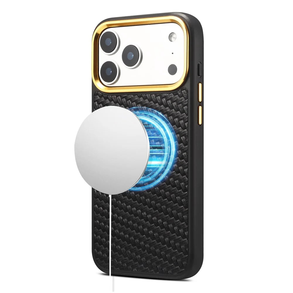 DENIOR A26+1 For iPhone 17 Pro Magnetic Case Woven Texture Genuine Cow Leather Coated PC TPU Phone Cover with Metal Lens Frame - Black - 1