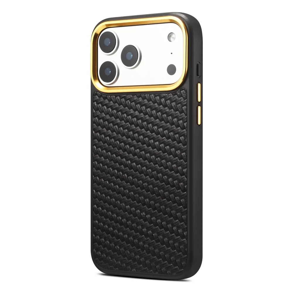 DENIOR A26+1 For iPhone 17 Pro Magnetic Case Woven Texture Genuine Cow Leather Coated PC TPU Phone Cover with Metal Lens Frame - Black - 2