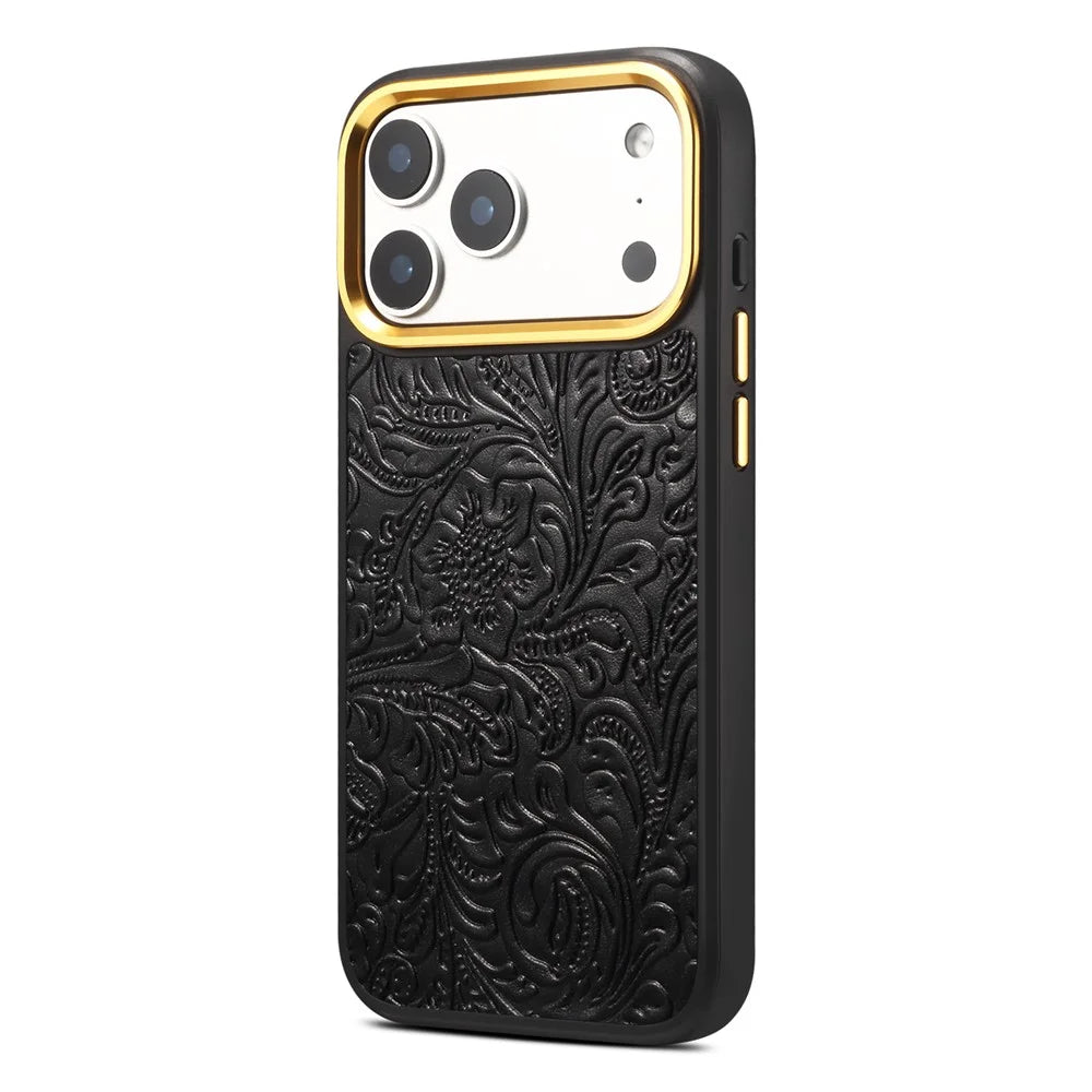 DENIOR A26+2 For iPhone 17 Pro Max Magnetic Case Retro Embossed Flower Genuine Cow Leather Coated PC + TPU Phone Cover with Metal Lens Frame - Black - 2