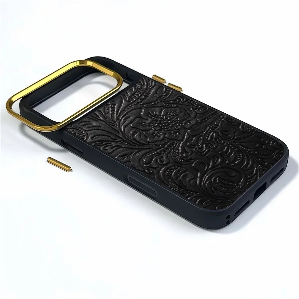 DENIOR A26+2 For iPhone 17 Pro Max Magnetic Case Retro Embossed Flower Genuine Cow Leather Coated PC + TPU Phone Cover with Metal Lens Frame - Black - 6