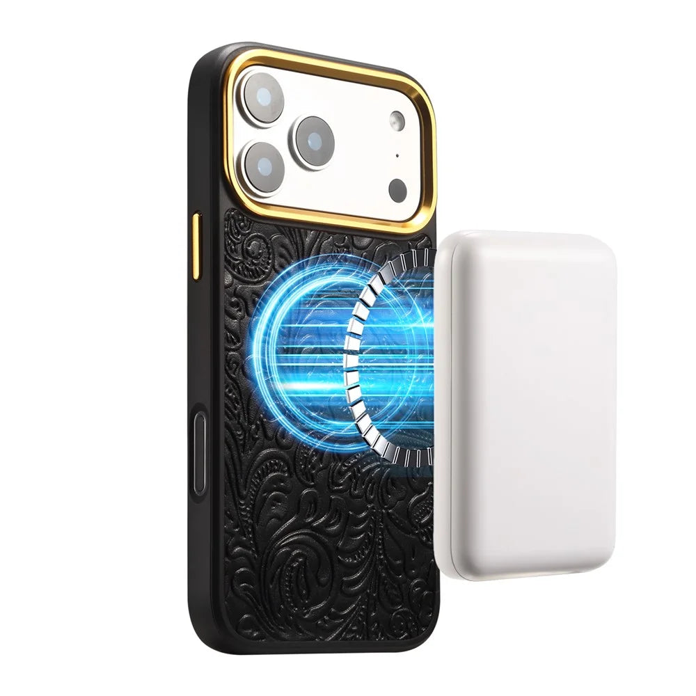 DENIOR A26+2 For iPhone 17 Pro Max Magnetic Case Retro Embossed Flower Genuine Cow Leather Coated PC + TPU Phone Cover with Metal Lens Frame - Black - 7