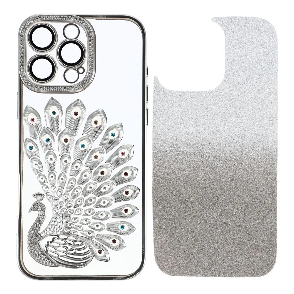 For iPhone 16 Pro Max Case 3D Peacock Electroplating Rhinestone TPU Phone Cover with Glitter Card - Silver - 1