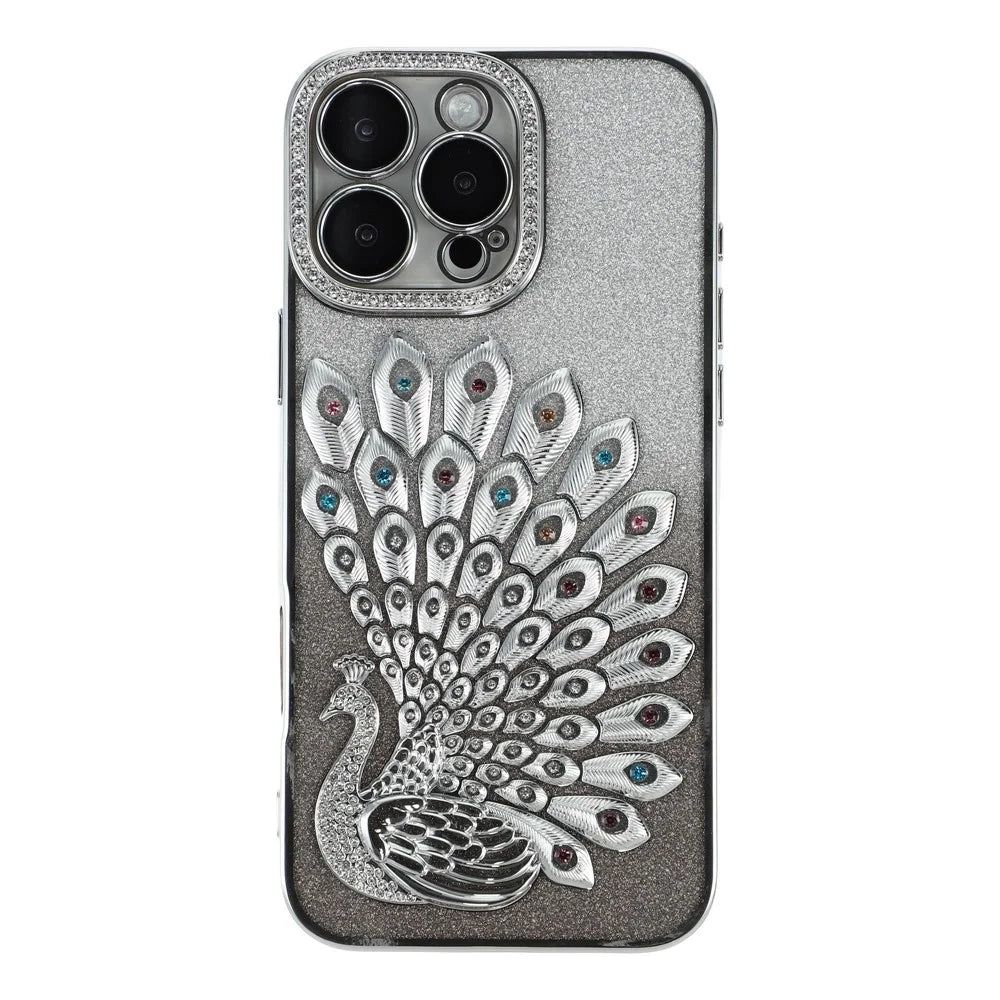 For iPhone 16 Pro Max Case 3D Peacock Electroplating Rhinestone TPU Phone Cover with Glitter Card - Silver - 2
