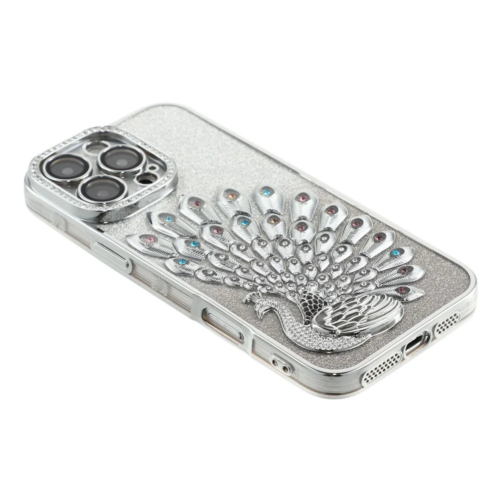 For iPhone 16 Pro Max Case 3D Peacock Electroplating Rhinestone TPU Phone Cover with Glitter Card - Silver - 4