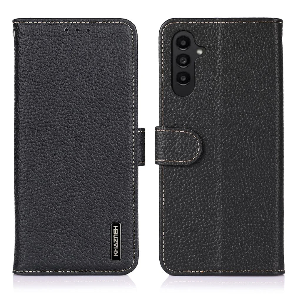KHAZNEH For Samsung Galaxy S26 FE Wallet Case Litchi Texture Genuine Cow Leather Flip Phone Cover - Black - 1