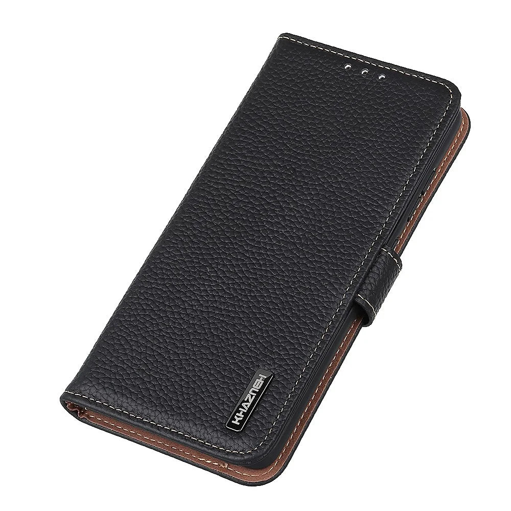 KHAZNEH For Samsung Galaxy S26 FE Wallet Case Litchi Texture Genuine Cow Leather Flip Phone Cover - Black - 4