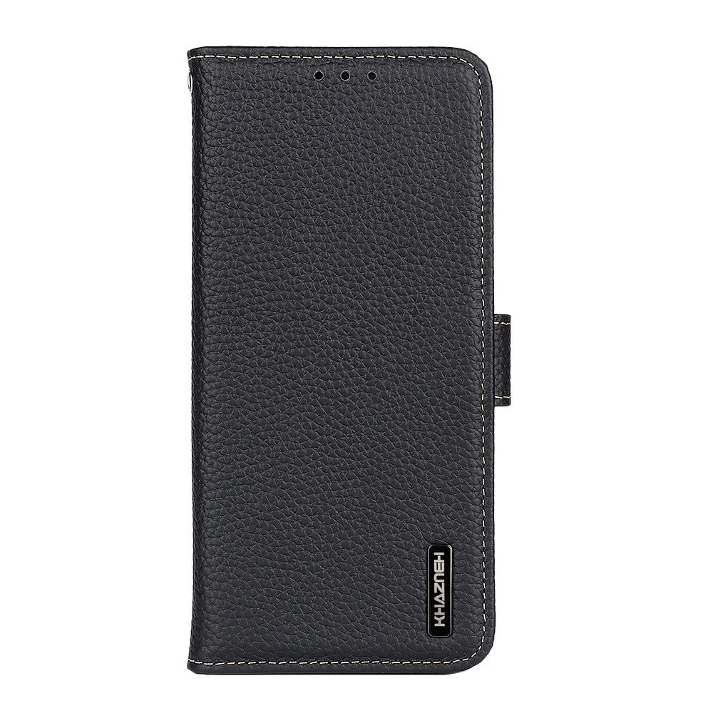 KHAZNEH For Samsung Galaxy S26 FE Wallet Case Litchi Texture Genuine Cow Leather Flip Phone Cover - Black - 7