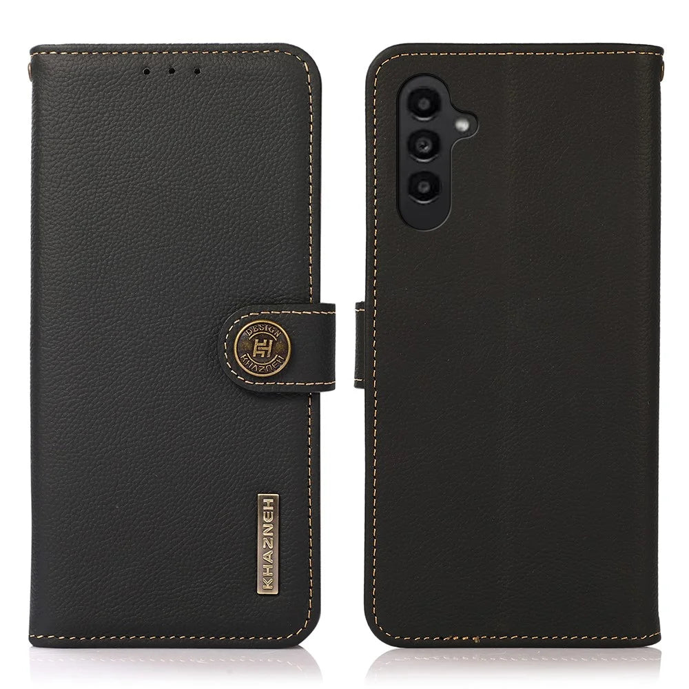 KHAZNEH for Samsung Galaxy S26 FE Case Genuine Cow Leather RFID Blocking Wallet Phone Cover - Black - 1