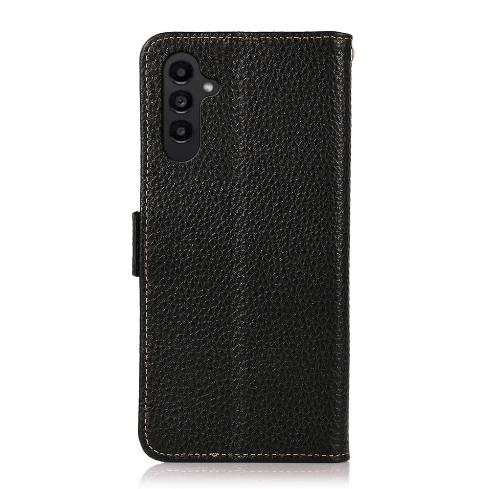 KHAZNEH for Samsung Galaxy S26 FE Phone Case Litchi Texture Genuine Cow Leather Cover RFID Blocking - Black - 7