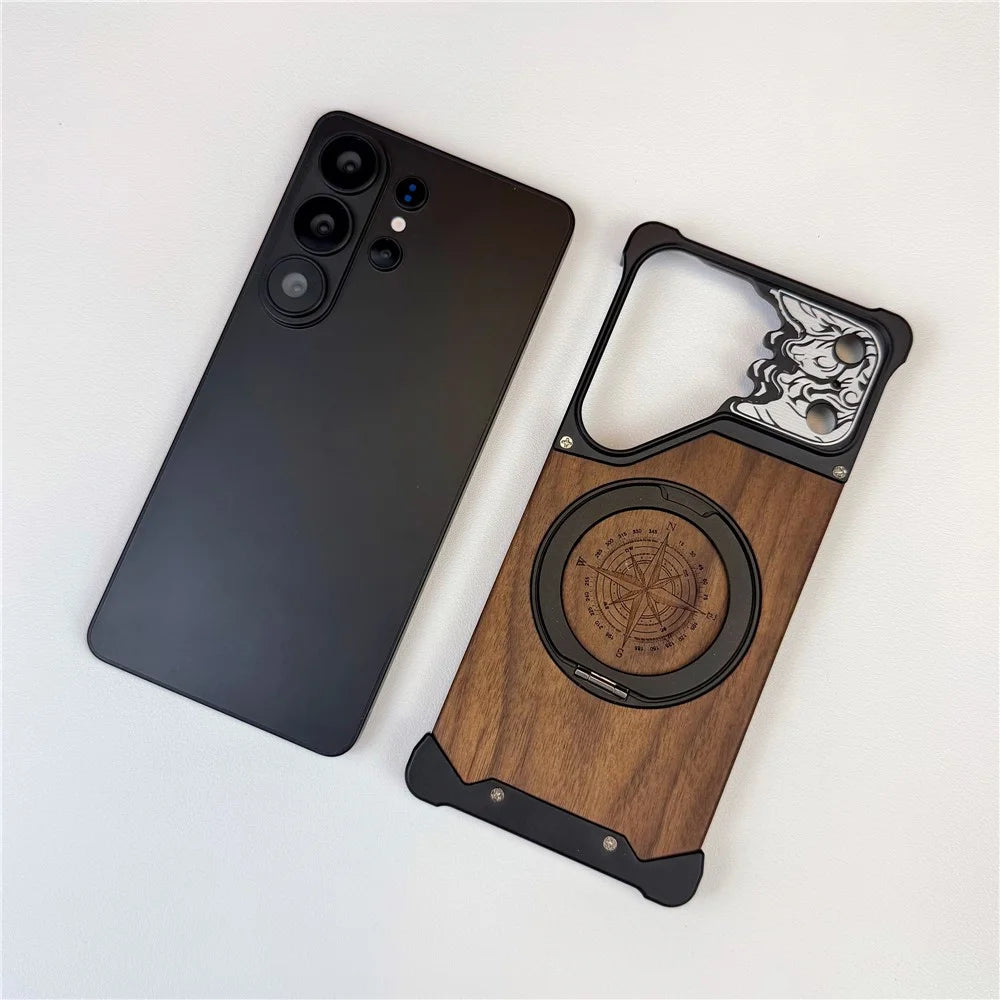 For Samsung Galaxy S26 Ultra Frameless Case Magnetic Kickstand Horse Pattern Walnut Wood Shockproof Phone Cover - Orange - 3