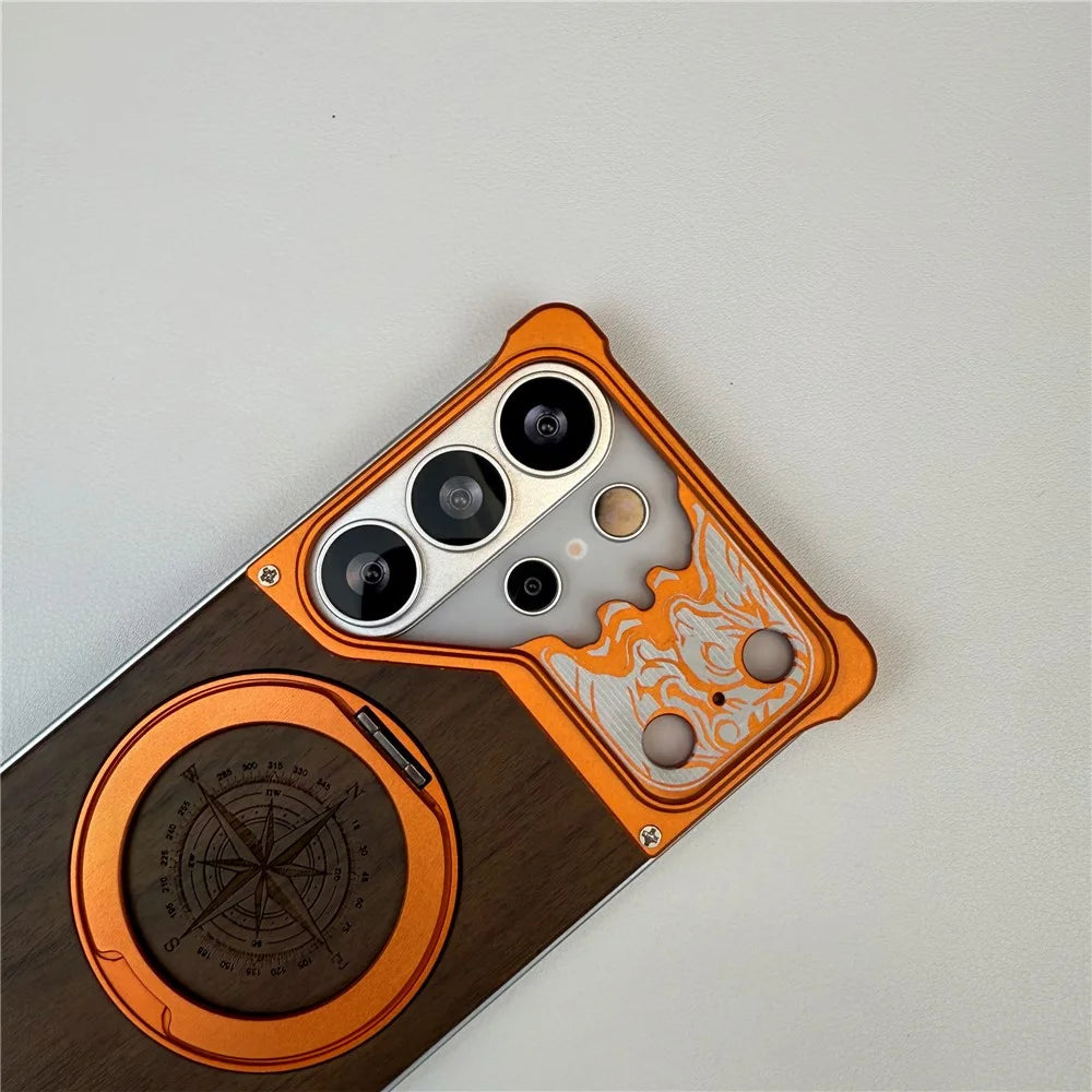 For Samsung Galaxy S26 Ultra Frameless Case Magnetic Kickstand Horse Pattern Walnut Wood Shockproof Phone Cover - Orange - 4