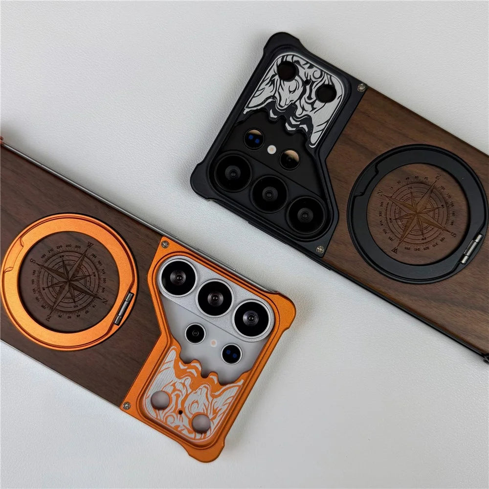 For Samsung Galaxy S26 Ultra Frameless Case Magnetic Kickstand Horse Pattern Walnut Wood Shockproof Phone Cover - Orange - 5