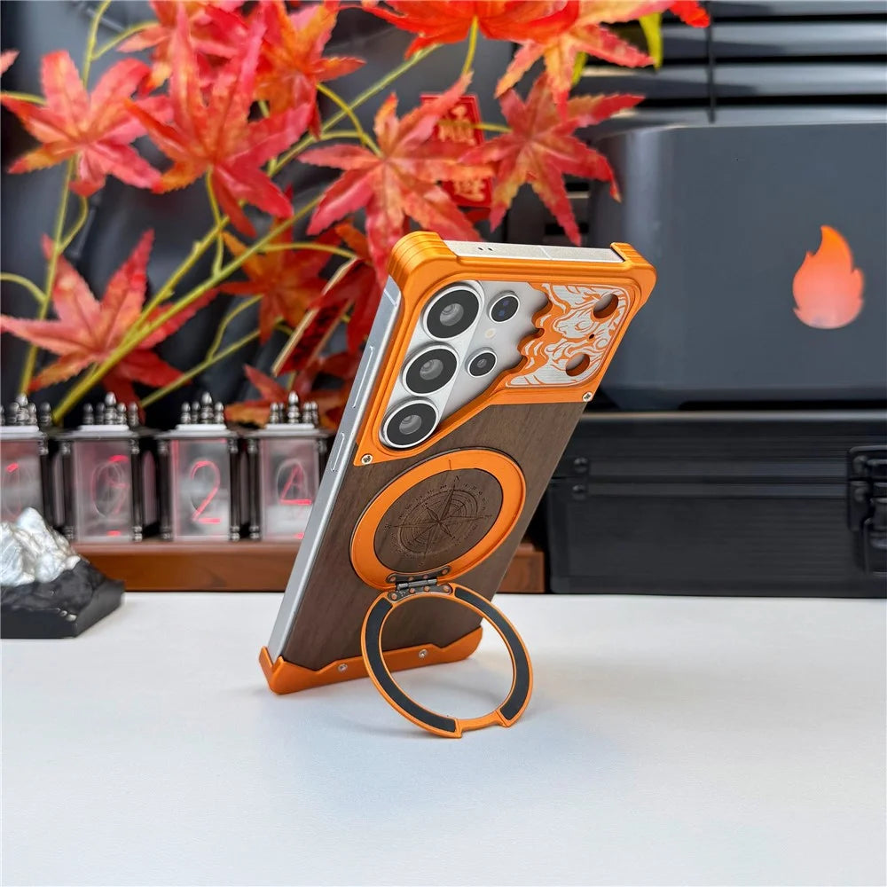 For Samsung Galaxy S26 Ultra Frameless Case Magnetic Kickstand Horse Pattern Walnut Wood Shockproof Phone Cover - Orange - 7