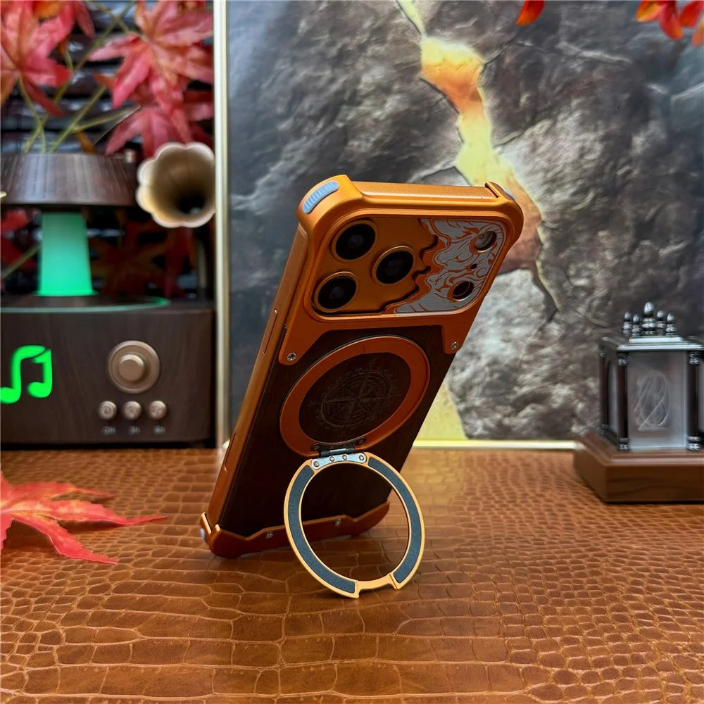 For iPhone 17 Pro Frameless Case Magnetic Kickstand Horse Pattern Walnut Wood Shockproof Phone Cover - Orange - 2