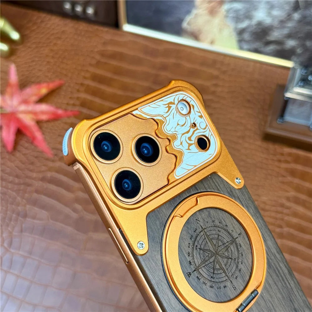For iPhone 17 Pro Frameless Case Magnetic Kickstand Horse Pattern Walnut Wood Shockproof Phone Cover - Orange - 4
