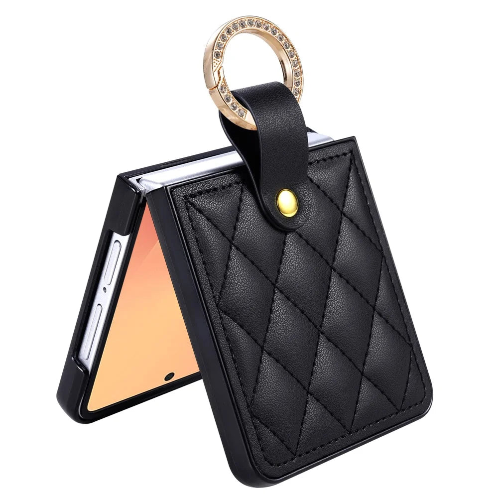 For Samsung Galaxy Z Flip8 Case Quilted Leather Phone Cover with Ring Holder - Black - 3
