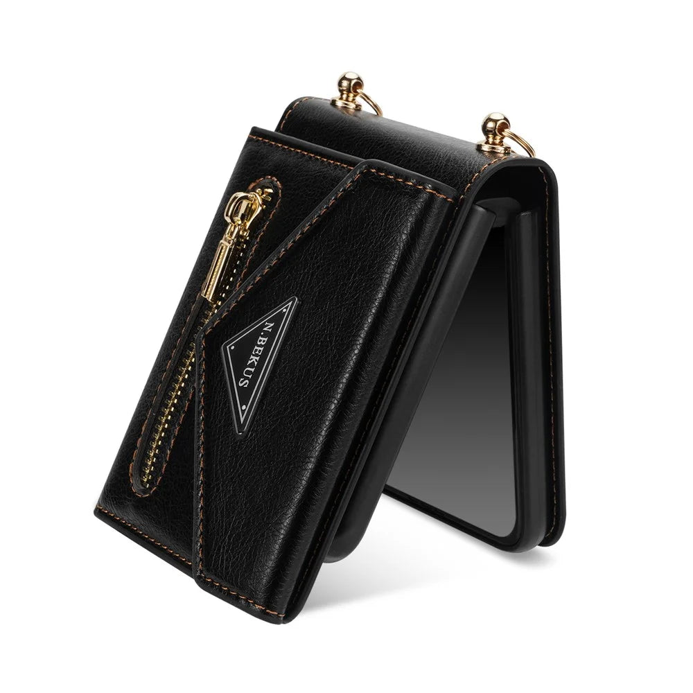 N.BEKUS For Samsung Galaxy Z Flip8 Case Zipper Card Holder PU + PC Phone Cover with Shoulder Strap - Black - 7